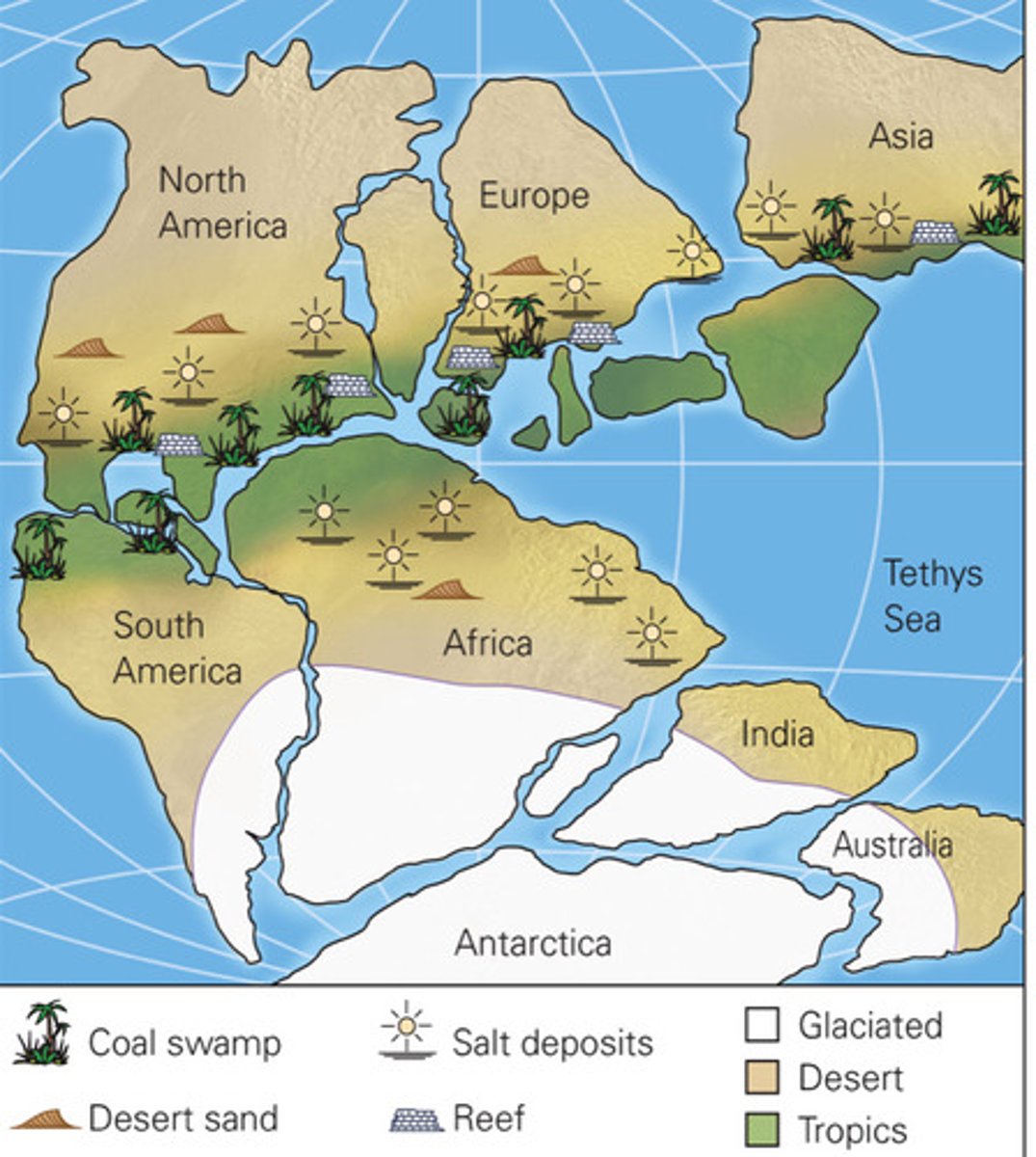 <p>- Glaciation - areas that show evidence of previous glacial deposits/climates despite not being in the right climate right now (e.g: carniferous limestone in scotland)</p>