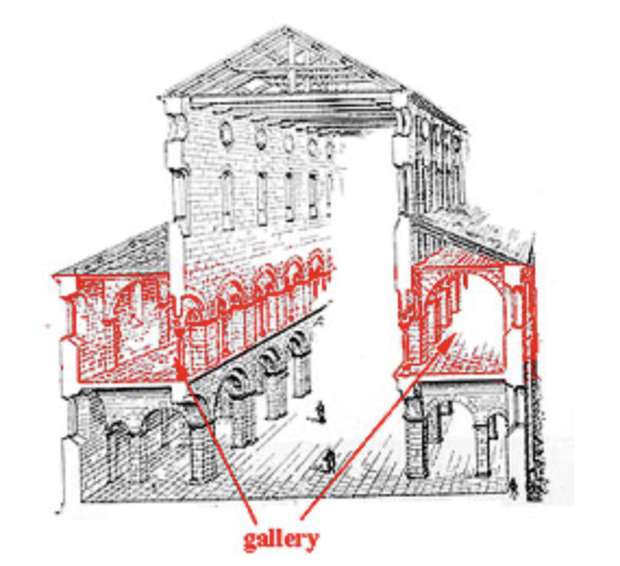 <p><span>An upper-level passageway or balcony overlooking the main interior space, such as the nave of a church (often above the side-aisles or main space)</span></p>