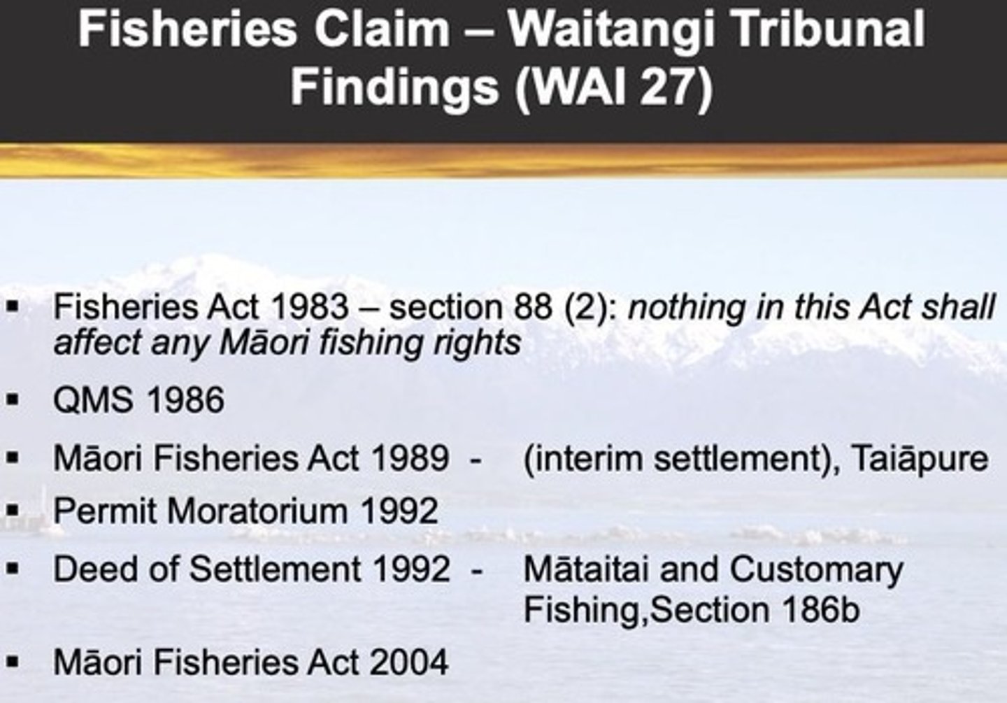 <p>A system regulating fisheries that did not consider Māori rights, leading to legal challenges.</p>