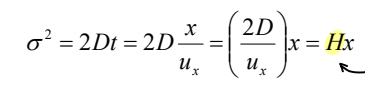 <p>The standard deviation for diffusive band spreading is&nbsp;√2Dt. If a solute has travelled a distance x at linear flow rate u<sub>x</sub>, then it has been on the column for t = x/u<sub>x</sub>. This can then be rearranged.</p>
