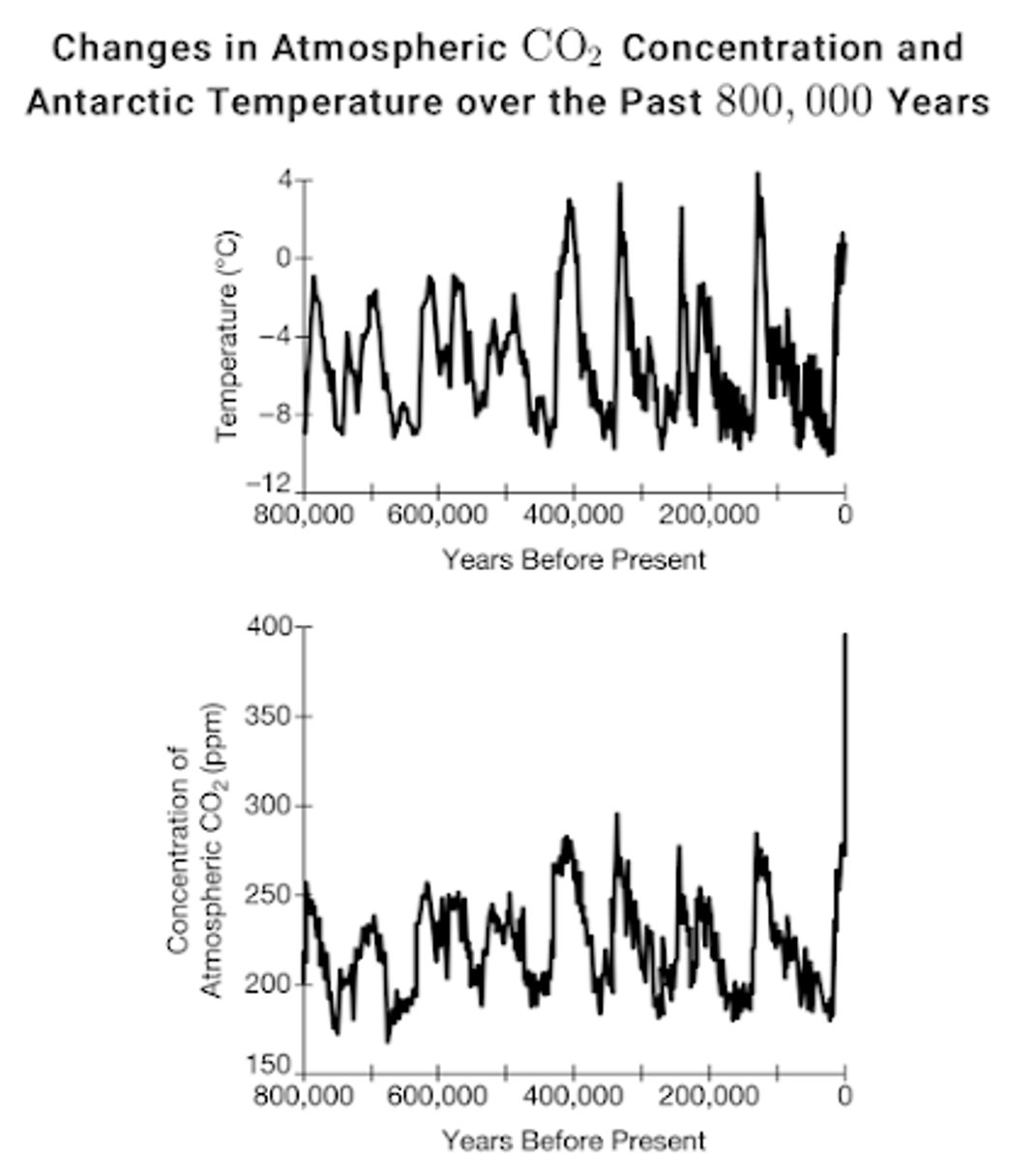 <p>Higher temperatures = higher levels of CO2 in air<br>= Causal relationships<br><br>- Increase in CO2 = enhanced global warming and subsequent temperature increase<br><br>- Lower levels of CO2 reduce the effectiveness of the greenhouse effect, which leads to global cooling</p>