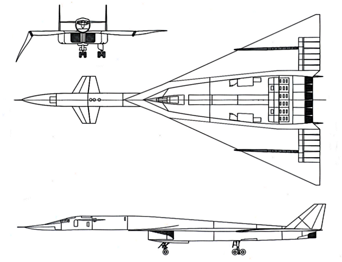 <p>Folding wing tips</p><p>Mach 3.2 bomber with same range as SR71</p><p>Canards</p><p>Powered by 6 afterburning gas turbines</p>