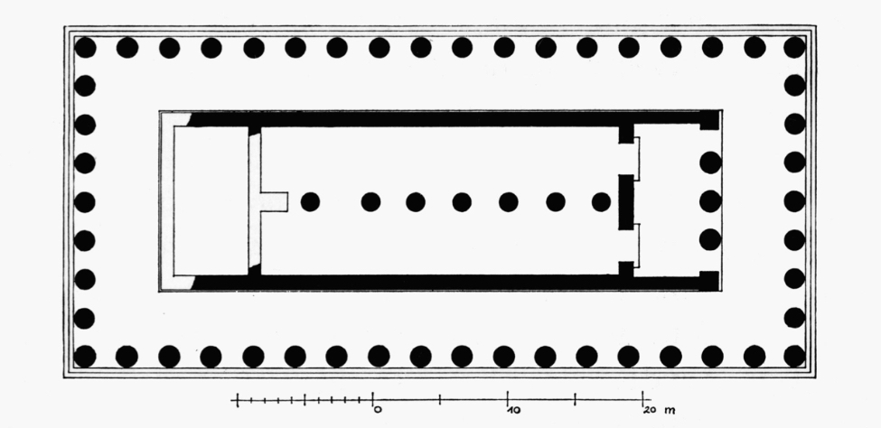 <p>Dorischer Peripterostempel 9/18</p><p>mit einreihiger Stützenreihe in der Cella (Naos)</p><p>mit Vorhalle (Pronaos)</p>