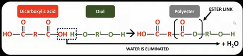 polyester + water (lose OH from acid and H from diol)