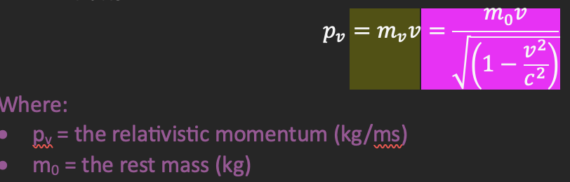 <ul><li><p>Defined in such a way that the conservation of momentum will hold in all inertial frames</p></li><li><p>Relativistic momentum increases with velocity because mass increases with velocity</p></li><li><p>Relativistic momentum is measured using a body’s rest mass (m0) so the increase in momentum is only due to the increase in the body’s velocity.</p><ul><li><p>Mass is dilated to conserve momentum for two observers in different FORs</p></li></ul></li></ul><p></p>