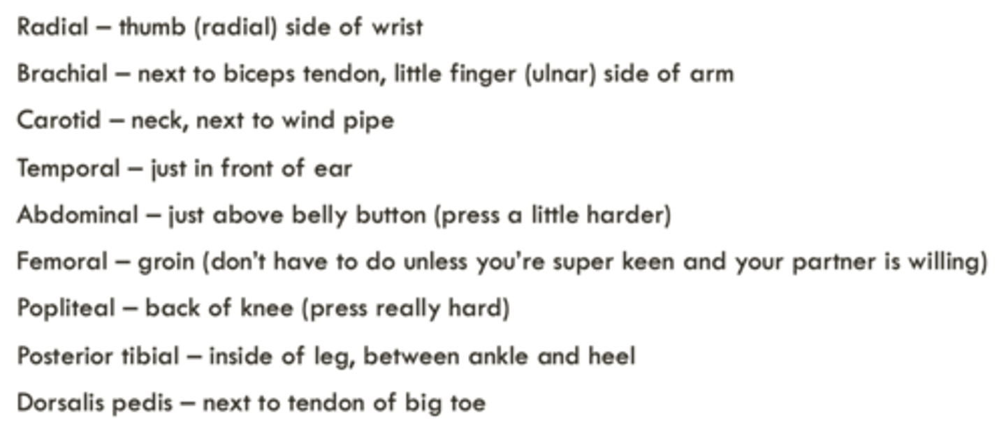 <p>Introduction and consent</p><p>Wash hands</p><p>Position patient and expose area for examination</p><p>Palpation of the radial pulse. Measure the rate and comment on the rhythm.</p><p>Palpation of the major peripheral arterial pulses bilaterally (including knowledge of the anatomical landmarks):</p><p>Carotid</p><p>Superficial temporal</p><p>Brachial</p><p>Radial</p><p>Femoral (description of landmarks only)</p><p>Popliteal</p><p>Posterior tibial</p><p>Dorsalis pedis</p><p>Thank and cover the patient or ask to redress</p><p>Treat patient with courtesy and respect at all times, maintaining appropriate communication throughout</p><p>Report findings either during or at the end the examination</p><p>Be able to answer simple questions regarding the examination of peripheral arterial pulses</p>