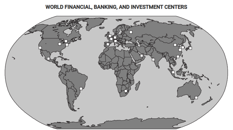 <p>The map shows the locations of world financial, banking, and investment centers. Which of the following best explains a limitation of the map’s representation of global economic patterns?</p>