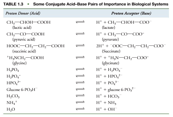 <p>Most organic acids found in biological systems dissociate partially and are classified as weak acids. They establish equilibrium between HA (proton donor), an anion (A-) of the dissociated acid, and an H+ as follows (look at the equation on the flashcard) </p><p>The anion formed in this dissociation is a base because it can accept a proton to reform the acid. A weak acid and its base (anion) formed on dissociation are referred to as a conjugate pair. Some biologically important conjugate pairs are presented in Table 1.3. The ammo- nium ion (NH4+) is a weak acid because it dissociates to yield H+ and uncharged ammonia (NH3), a conjugate base. Phosphoric acid (H3PO4) is an acid and PO<sub>4</sub><sup>3-</sup>is a base, but H2PO4<sup>- </sup>and HPO42<sup>- </sup>are either a base or acid depending on whether the phosphate group is accepting or donating a proton.</p>