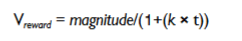 <p>Vreward = magnitude / (1 +(k * delay))</p><p>k = steepness</p><p>small k = less discounting more self control</p><p>big k = more discounting more impulsive </p>