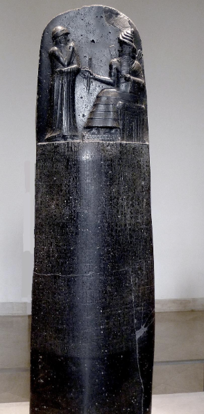 <ul><li><p>Babylonian king</p></li><li><p>Law code → first public laws&nbsp;</p></li><li><p>very strict</p></li><li><p>God of Nabu (God of Babylon) is on right&nbsp;</p></li><li><p>Hammurabi is trying to show himself as a servant to the God</p></li><li><p>Body is in gesture of prayer, closed off, humble&nbsp;</p></li></ul><p></p>