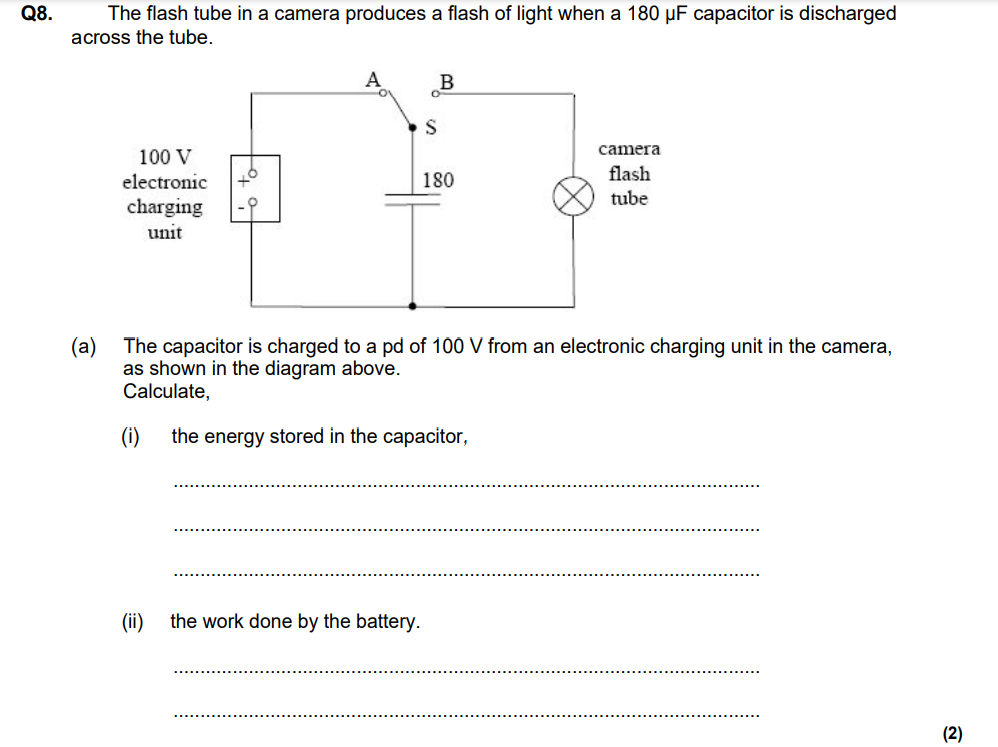 <p>Half of the total amount.</p><p>Half wasted as heat, half stored.</p><p>(This question, 0.9J for energy and 1.8J for work done)</p>