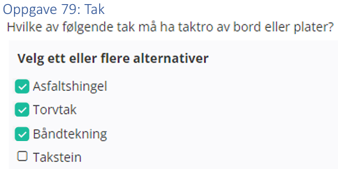 <ul><li><p>Asfaltshingel </p></li><li><p>Torvtak</p></li><li><p>Båndtekning</p></li></ul><p></p>