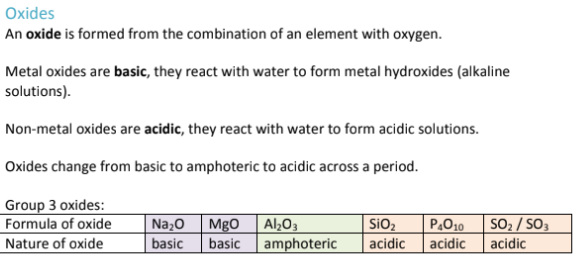 <p>Metal oxides are a combination of a metal with oxygen, non-metal oxides are a combination of a non-metal with oxygen</p>
