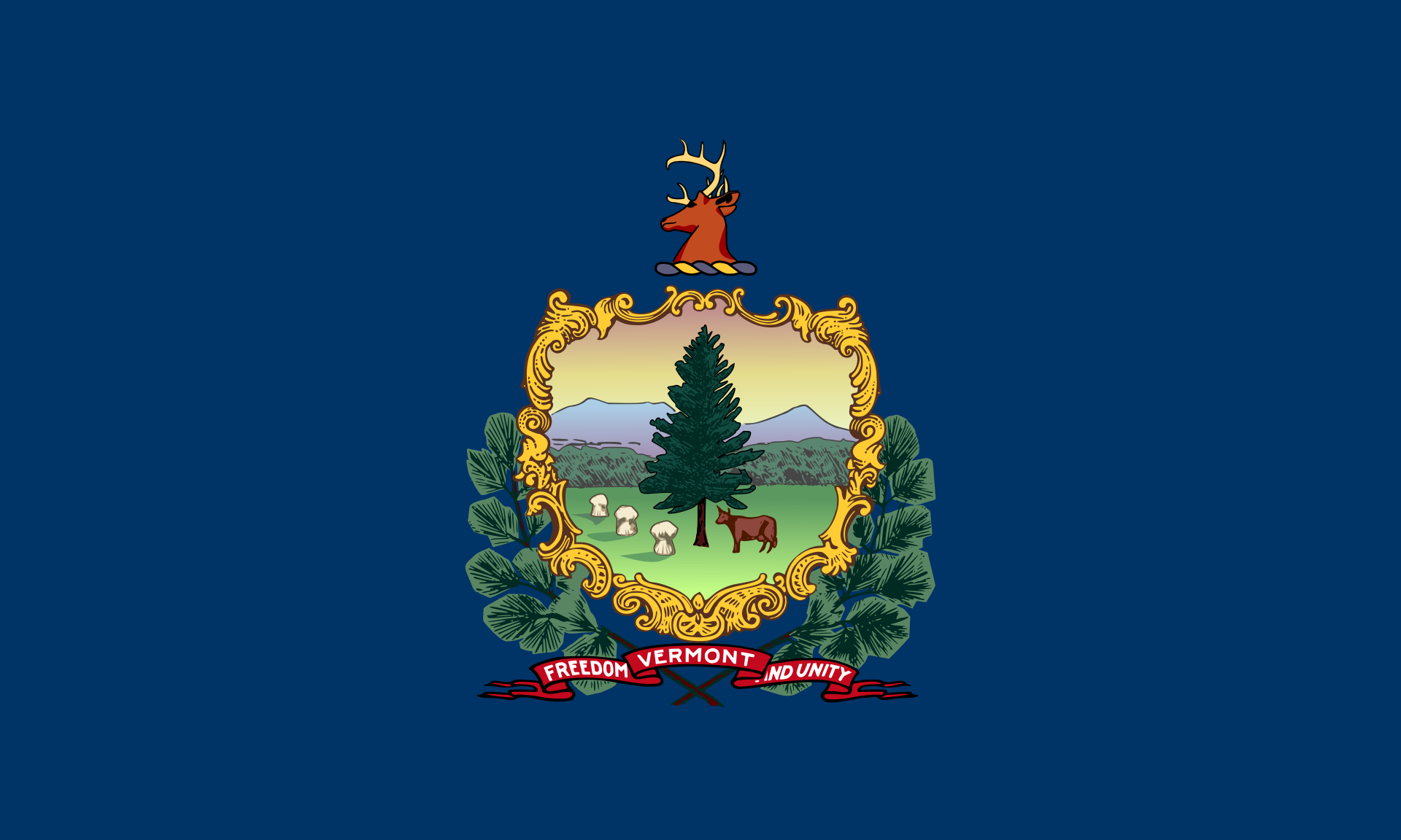<p>Dark blue background with an emblem featuring a tree. Vermont is on the banner below. Deer above.</p>