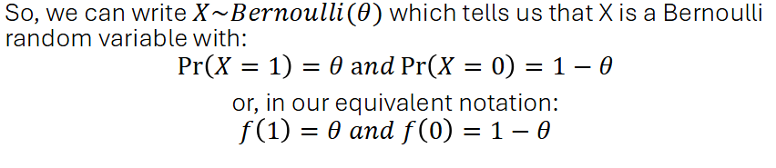 <p>Special type of discrete random variable with 2 possible outcomes. e.g coin toss </p><p>It is descibed by the probability of success (observing 1)</p>