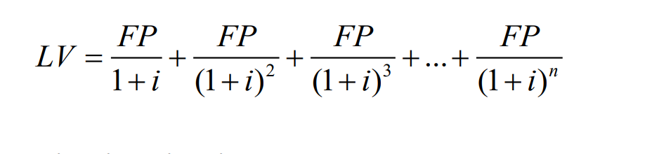 <p>LV = loan value (market price if loan is traded) </p><p>FP = fixed yearly payment </p><p>N = number of years until maturity</p><p></p><p></p>