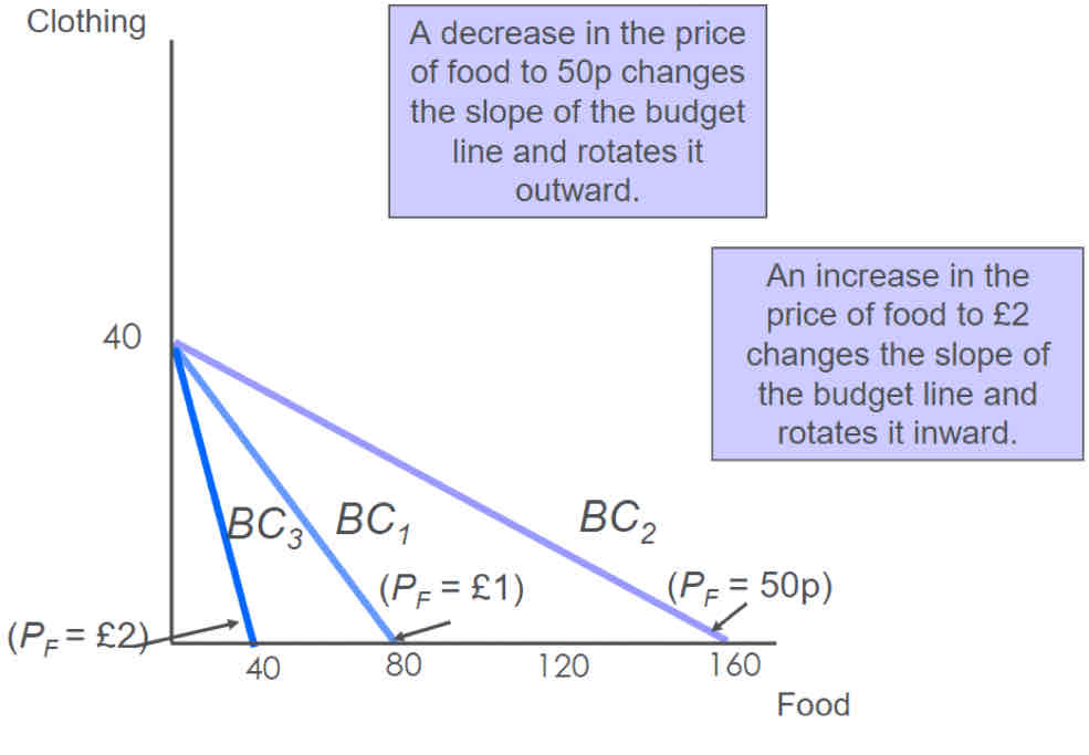 <p>If one price of a good changes then the slope will change</p><p>If the consumers income increases or decreases then there will be a shift </p>