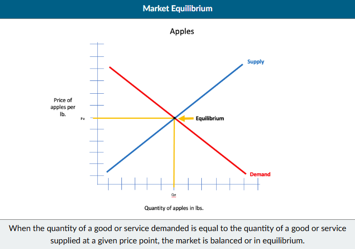 <p> Occurs at a price where the quantity demanded of a good is equal to the</p><p>quantity supplied, also known as the “market clearing price”</p>