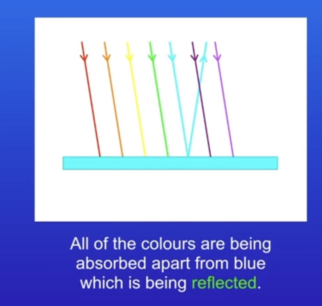 <p>All colours are being absorbed apart from blue which is being reflected</p>