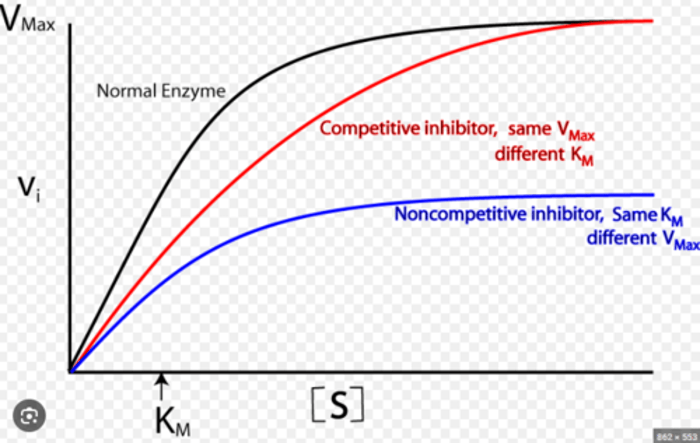 <p>Competitive: Increasing [substrate] will alter the effect of competitive inhibition bc attaches to same active site, therefore Vmax is eventually the same but Km ([substrate] when rxn rate is 50% of Vmax) is lower</p><p>Non-Competitive: Increasing [substrate] will not alter the effect of non-competitive inhibition bc different site, therefore the Vmax is lower in the end</p>