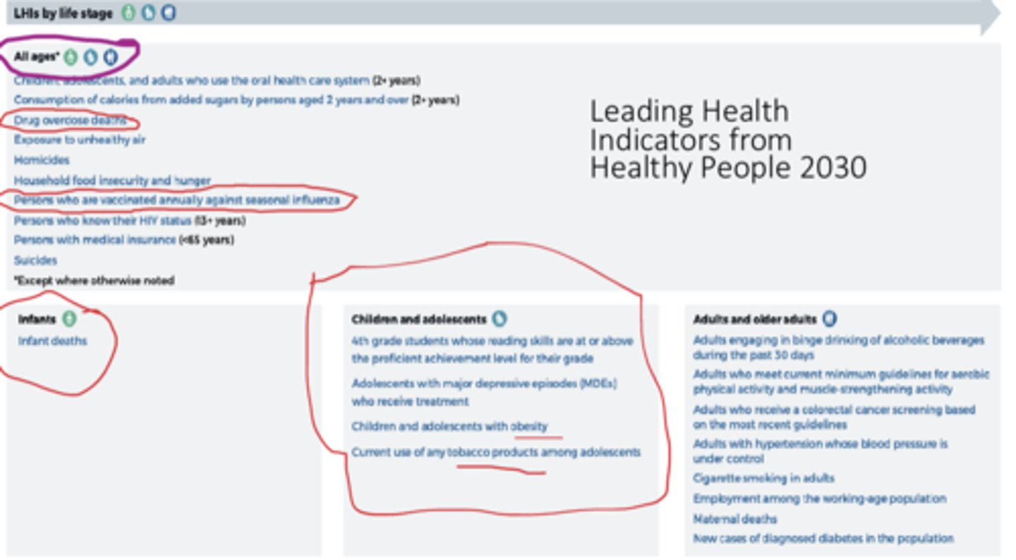 <p>- drug overdose deaths</p><p>- persons who are vaccinated annually against seasonal influenza</p>
