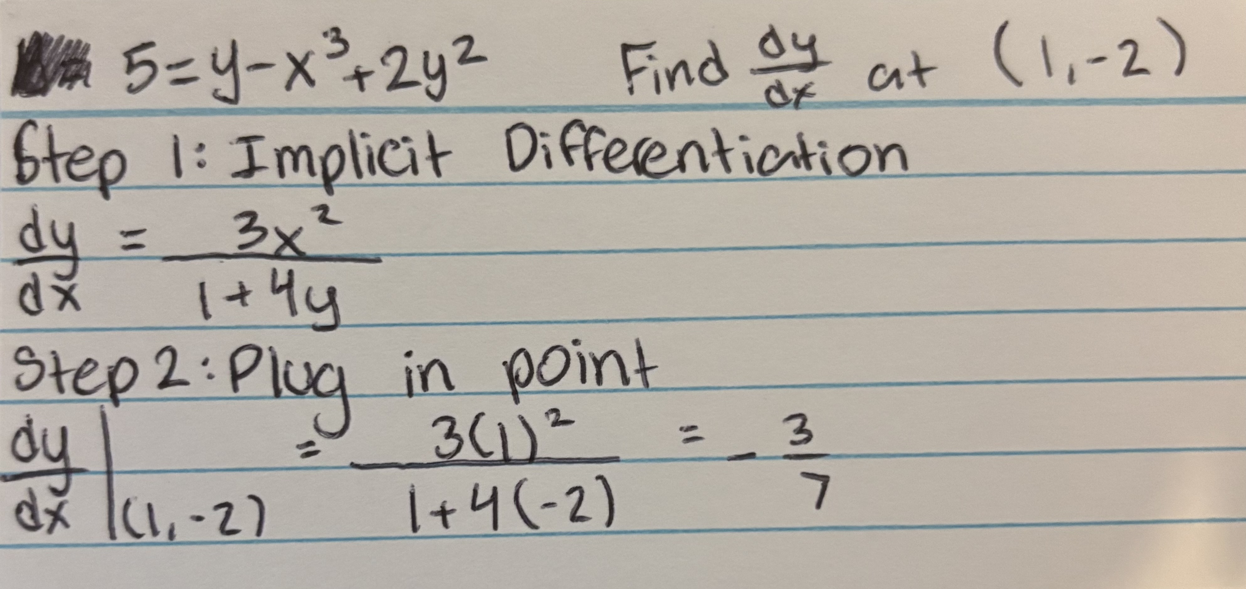 <p>Implicit differentiation the formula, plug in the point</p>