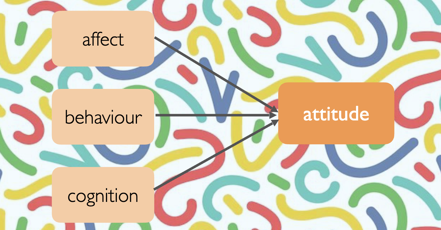 <ol><li><p>affect (what we feel)</p></li><li><p>behaviour (what we do)</p></li><li><p>cognition (what we think)</p></li></ol><p>*though we do need to take into account that <strong>context </strong>is also key in shaping our attitudes </p><p></p>