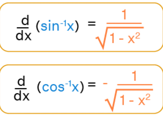 <p>inverse sin = 1/sqrt (1-x^2)</p><p>(one over square root one minus x squared)</p><p>inverse cos = - 1/sqrt (1-x^2)</p><p>(the derivatives of co- trig functions are negative)</p>