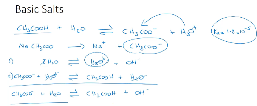 <ul><li><p>produced when a weak acid and a strong base are reacted together</p></li><li><p>basic salt completely dissociate in water</p></li></ul><p></p>