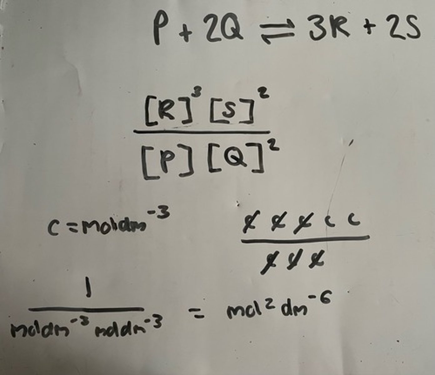 <p>a) Total moles has increase by 1, moldm-3</p><p>b) Total moles increased by 3 to 5 (+2)</p><p>so mol2dm-6</p><p>count number of "mol" to get 2 add powers of -3 to get -6</p>