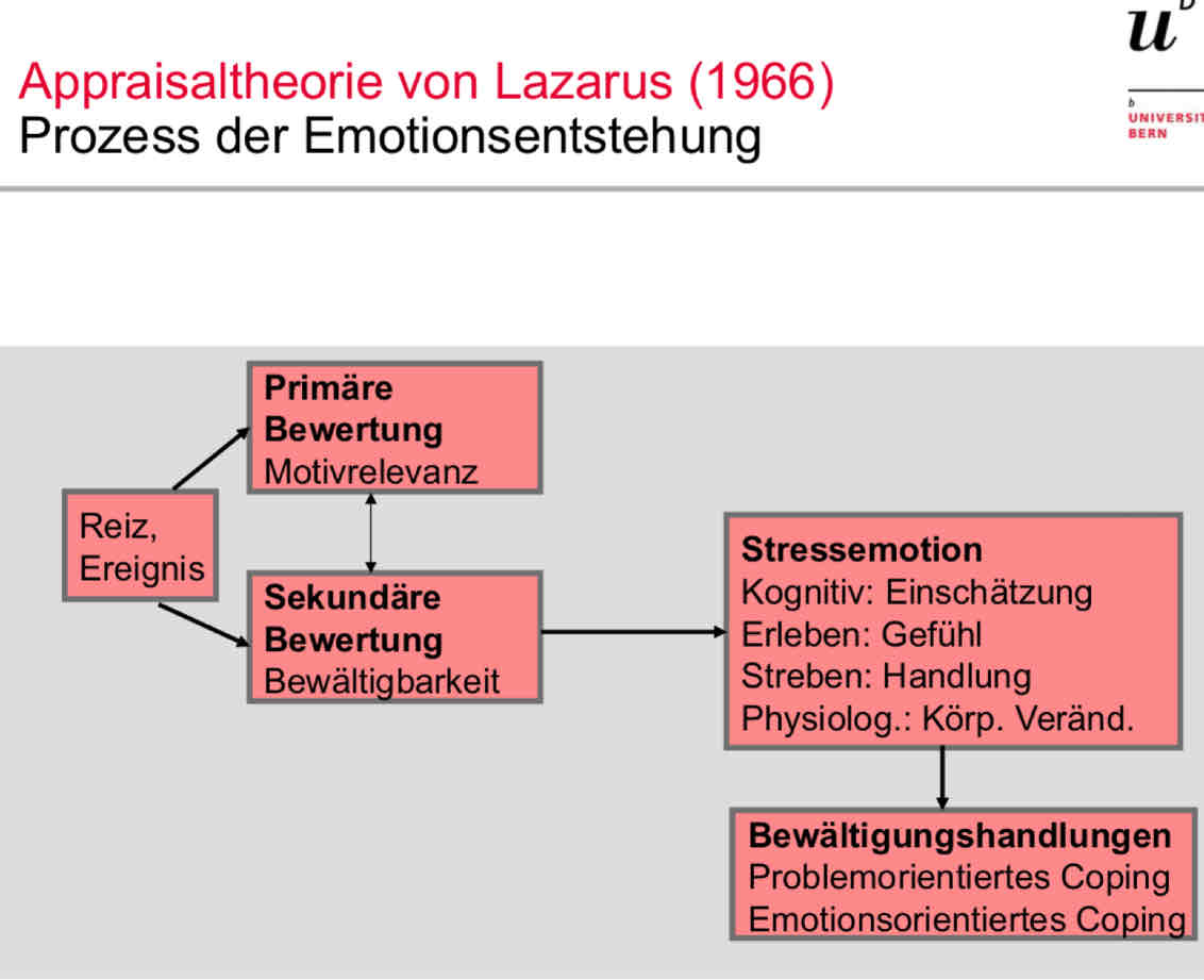 <p>Wobei geht es zentral bei lazarus?</p><ul><li><p>der Ensteheung von STRESS und dessen Bewältigung!!!</p></li></ul><p>es liegt ein reiz vor, dieser löst</p><ul><li><p>die primäre Bewertung aus = Motivrelevanz (ALSO BEWERTUNG)</p></li><li><p>die sekundäre Bewertung aus = Einschätzung der Bewältigbarkeit des Reizes</p><ul><li><p>NUR WENN DIE PEROSN GLAUBT, MANGELNDE RESSOURVCEN ZUR BEWÄLTIGUNG ZU HABEN, KOMMTR SIE IN DEN STRESS</p><p>→ LÖST ALSO EINE STRESSEMOTION AUS</p></li><li><p>um den Stres sau bewältigen, muss man COPEN</p></li></ul></li></ul><p></p>
