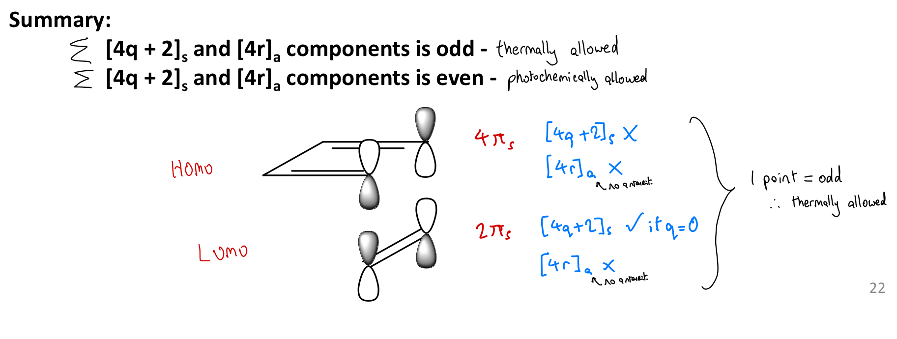 <p>WH rules, a.k.a orbital-symmetry rules can be applied to pericyclic reactions to predict their likelihood of occurring (thermally or photochemically)</p><p></p><ul><li><p>When the total number of [4q + 2]<sub>s</sub> and [4r]<sub>a</sub> components is <strong>odd:</strong></p><ul><li><p>&nbsp;<strong>thermal</strong> pericyclic reaction is allowed in the <strong>ground</strong> state of the reacting molecules(s).</p></li></ul></li></ul><p></p><ul><li><p>If total of [4q + 2]<sub>s</sub> and [4r]<sub>a</sub> components is <strong>even</strong>:</p><ul><li><p> the pericyclic reaction is allowed only in the <strong>excited</strong> state i.e., under <strong>photochemical</strong> conditions.</p></li></ul></li></ul><p></p><p>The terms q and r are integers denoting the number of electrons in a system.</p><p></p>