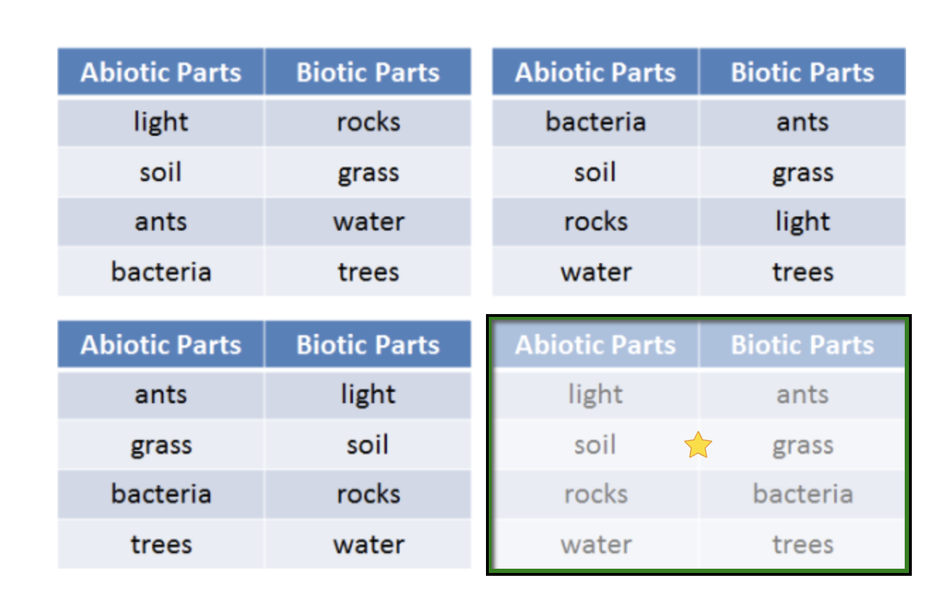 <p>Abiotic - light soil rocks water</p><p>Biotic - ants grass bacteria trees</p>