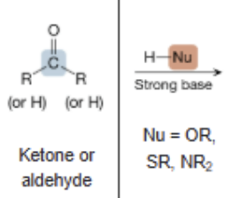 <p>What is the product of the reaction between a ketone or aldehyde, and H-Nu (1st step), and strong base (2nd step)?</p>