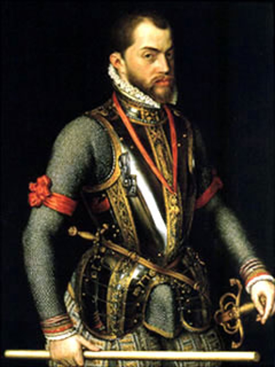 <p>Monarch of Spain who sent troops to the Netherlands to suppress the Dutch Revolt and whose armada was defeated by the English (Elizabeth I, the sister of his dead ex-wife Mary (I) Tudor).</p>