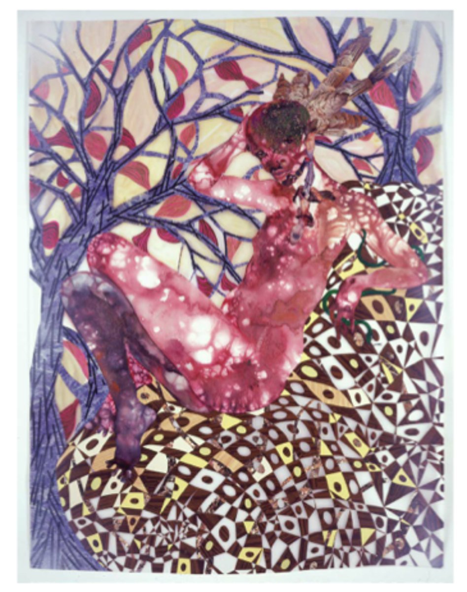 <p>Wangechi Mutu</p><p>2006 CE</p><p>Form: Mixed media on Mylar</p><p>Function: Recreated the traditional Reclining Nude found in western art</p><p>The woman is reclined, almost camouflaged on a background that is similar to a cuba cloth. A cuba cloth is a traditional African textile. She has one arm behind her head and is looking at the viewer. There is a green snake intertwined in her other hand. The image contains references to sexualization and exploitation. The snake brings in symbolism from biblical stories of Adam and Eve. The female figure is human in form but seems like a hybrid of other forms. In "Preying Mantra", Mutu recreates the traditional Reclining Nude found in Western art.</p>