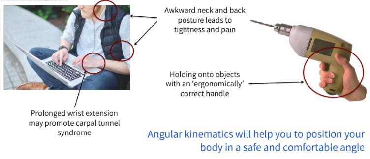 <p>angular kinematics will help you position your body in a safe and comfortable angle</p><ul><li><p>can help decrease risk for carpal tunnel</p></li></ul><p></p>