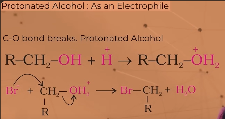 <ul><li><p>C—O breaks</p></li><li><p>when h<sup>+ </sup>(proton) is joined with an alcohol, we get protonated alcohol which acts as an electrophile.</p></li></ul><p></p>