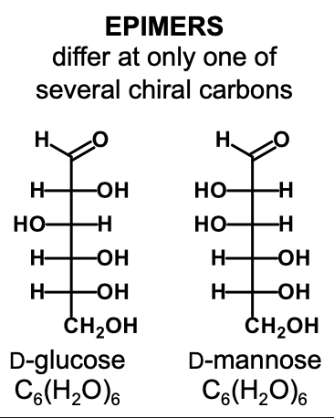 <p>Two compounds are epimers if they differ at only one of many chiral centers</p>