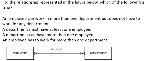 <p>For employee and deparment, which is true?</p>