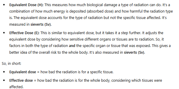 <p>Equivalent dose (type of radiation; doesn’t account for tissue)</p>