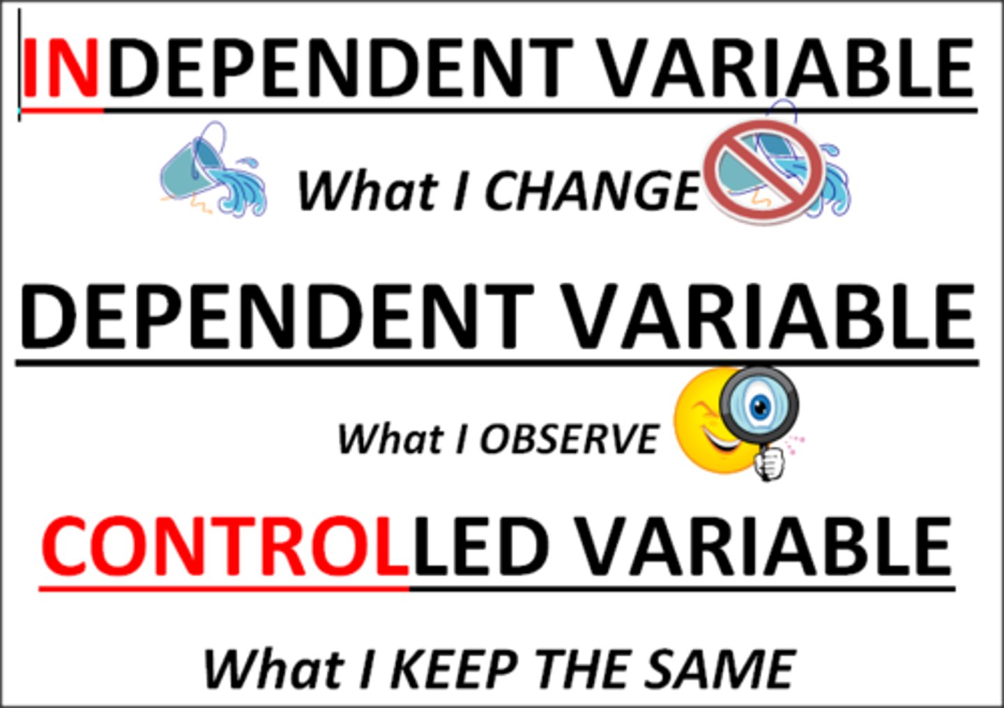 <p>experimental conditions (variables)</p><p>that remain constant so that changes in dependent variable are caused by changes in the independent variable</p>