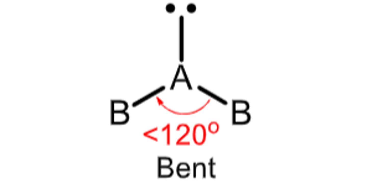 <p>Molecular Geometry: Bent or Angular</p><p>less than 120 degrees, polar</p>