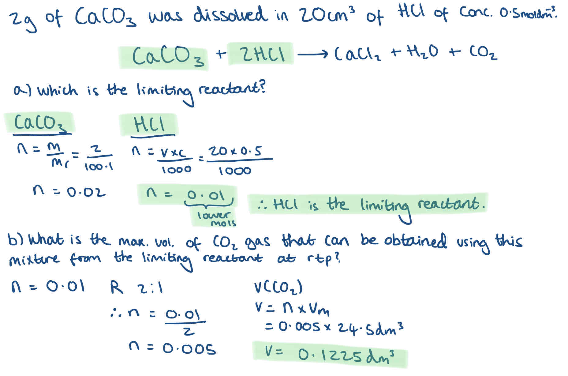 <ol><li><p>Work out moles of each reactant separately </p></li><li><p>Whichever reactant has lower mole is the limiting reactant/ reagent</p></li><li><p>Use the moles of the limiting reactant in any subsequent calculations</p></li></ol>