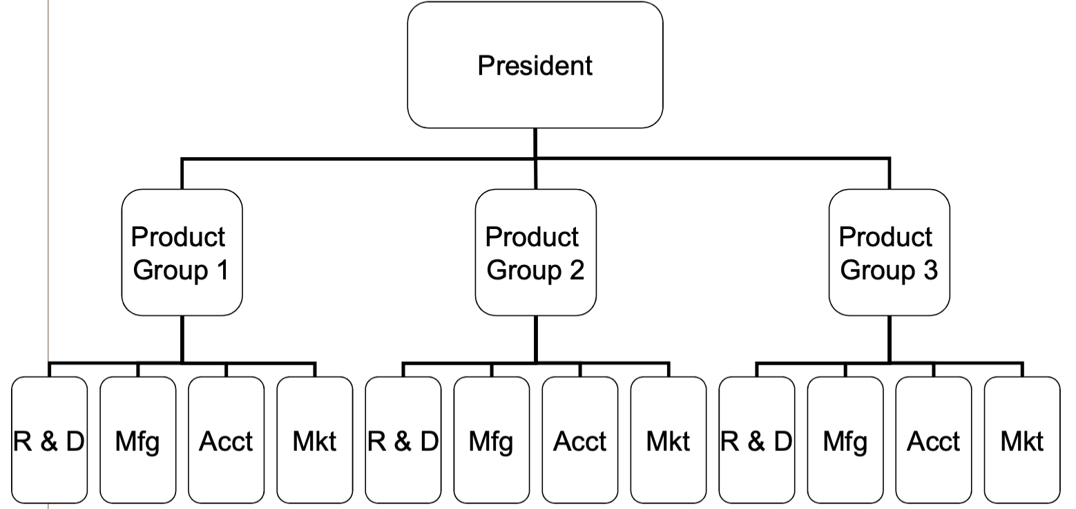 <p>grouping of jobs based on the <strong>products, </strong>services, customers, or geographic locations <strong>product based</strong></p><p>LOW span of control, centralization, task specialization</p>