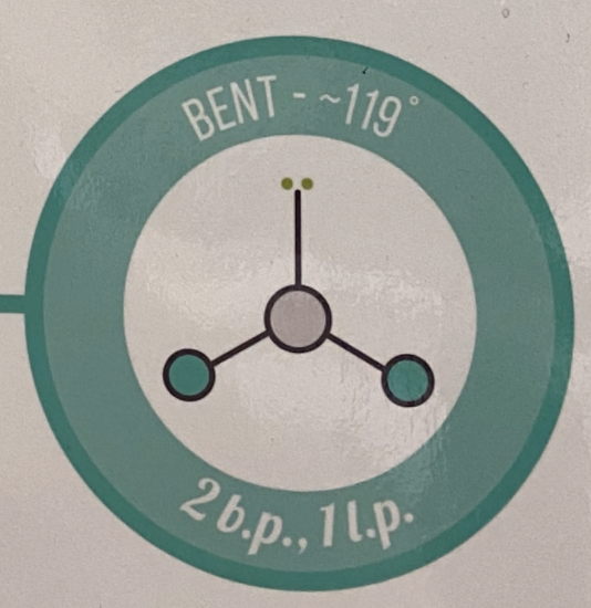 <p>2 bonds<br>1 lone pair<br>Less than 120°</p>