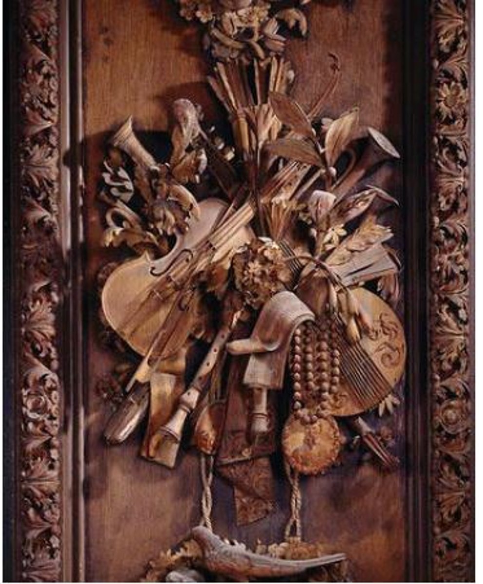 <p>- England's finest wood carver</p><p>- worked with oak, walnut, fruitwoods</p><p>- created swags and garlands</p><p>- "The King's Carver"</p>