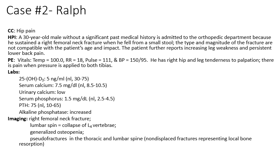 <p>What do the laboratory values tell us about processes occurring in the bone?</p><ul><li><p>25-(OH)-D3 = 5 ng/ml (nl = 30-75)</p></li><li><p>Serum calcium = 7.5 mg/dl (nl = 8.5-10.5)</p></li><li><p>Serum phosphorus = 1.5 mg/dL (nl = 2.5-4.5)</p></li></ul><p>Phosphorus decreased due to low Ca -&gt; increases PTH to increase Ca retention-&gt; increases PTH which decreases _</p><p></p>