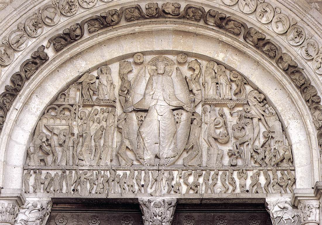 <p>The semi-circular or triangular decorative wall surface over an entrance, often adorned with relief sculptures in Romanesque architecture. </p>