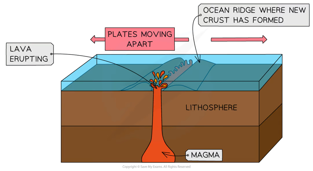 <p>plates are moving apart e.g. mid-atlantic ridge</p><p>both volcanoes &amp; earthquakes occur</p>